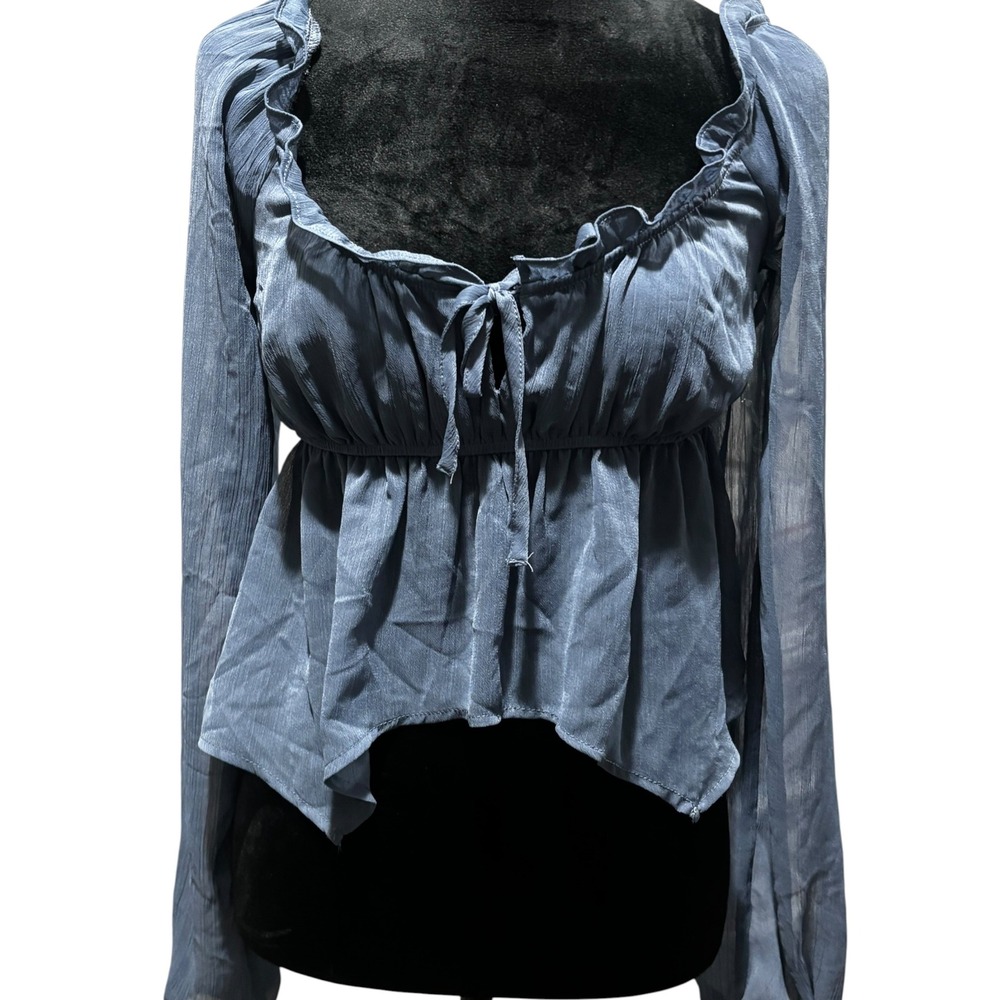Full Tilt Tillys Blue Smocked Peasant Blouse Long Sleeve Ruffle Tie Top Medium